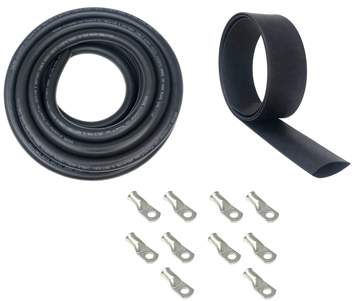 6 Gauge Welding Battery Cable Kit - Includes 10 pieces of 3/8" Tinned Copper Cable Lugs and 3 Feet Black Heat Shrink Tubing