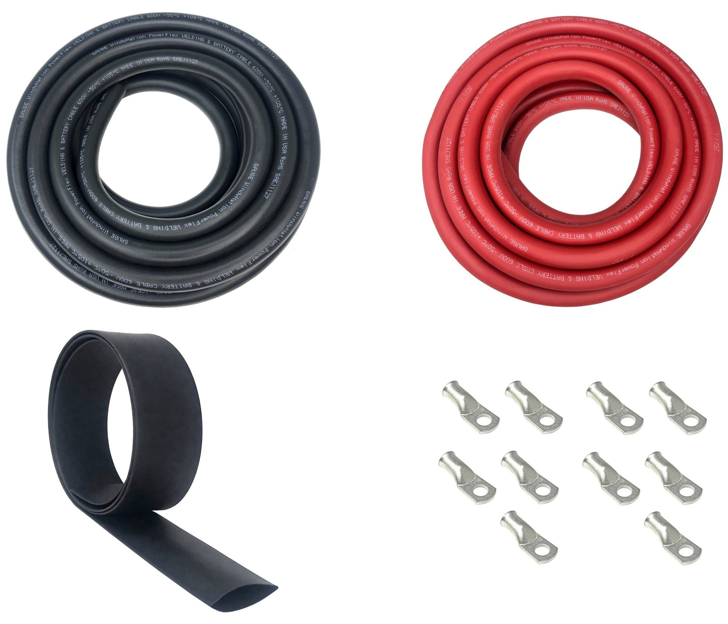 4/0 Gauge Welding Battery Cable Kit - Includes 5 pieces of 3/8" + 5 pieces of 5/16" Tinned Copper Cable Lugs and 3 Feet Black Heat Shrink Tubing