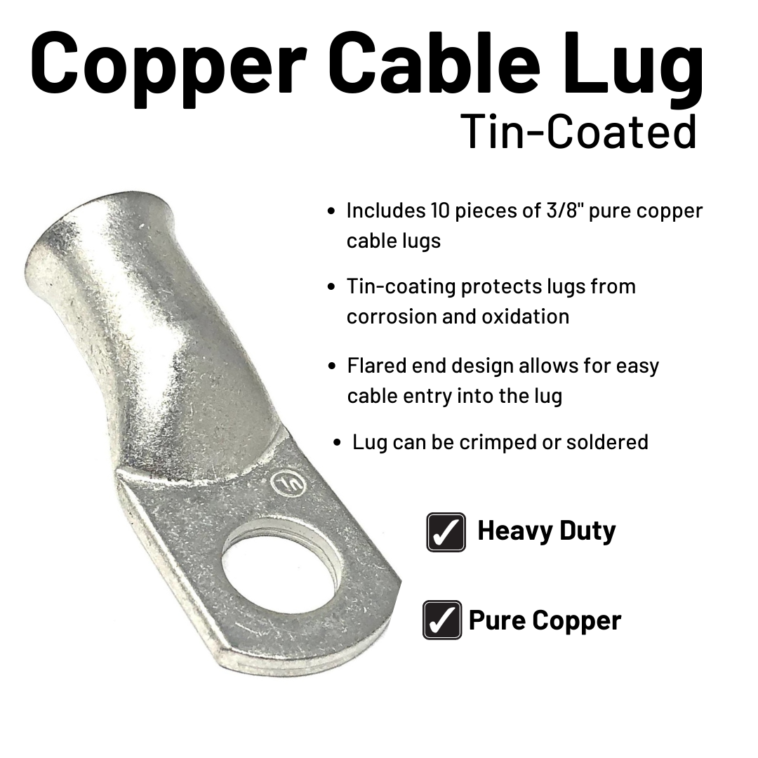 4/0 Gauge Welding Battery Cable Kit - Includes 10 pieces of 3/8" Tinned Copper Cable Lugs and 3 Feet Black Heat Shrink Tubing