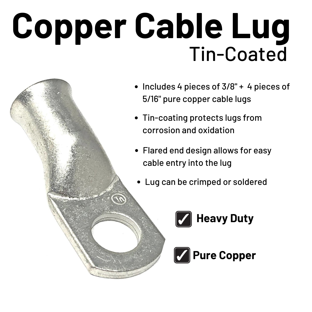6 Gauge Welding Battery Cable Kit - Includes 5 pieces of 3/8" + 5 pieces of 5/16" Tinned Copper Cable Lugs and 3 Feet Black Heat Shrink Tubing