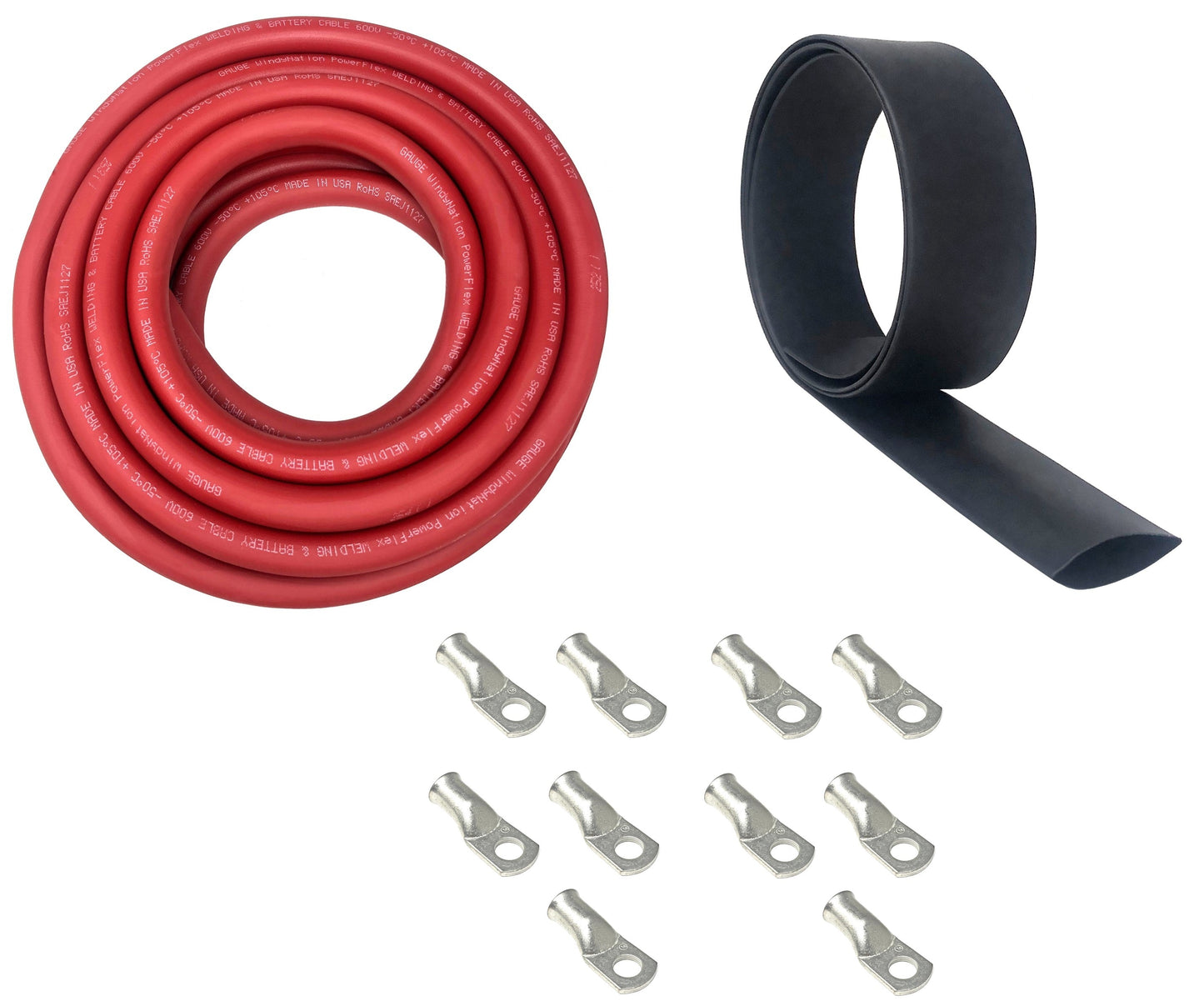 8 Gauge Welding Battery Kit - Includes 10 pieces of 3/8" Tinned Copper Cable Lugs and 3 Feet Black Heat Shrink Tubing